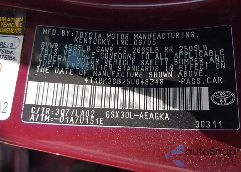 2005 Toyota Avalon Xls из США, поврежденный, VIN 4T1BK36B25U048348